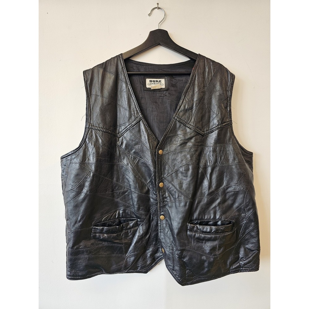 Duke Haband Leather Vest Mens 2XL Black Patchwork Western Biker Pockets Lined